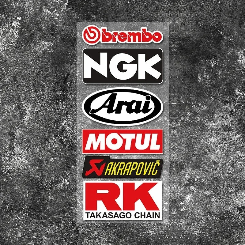 Premium Motorcycle Brand Sticker Pack – Brembo, NGK, Arai, Motul, Akrapovič, RK Chain