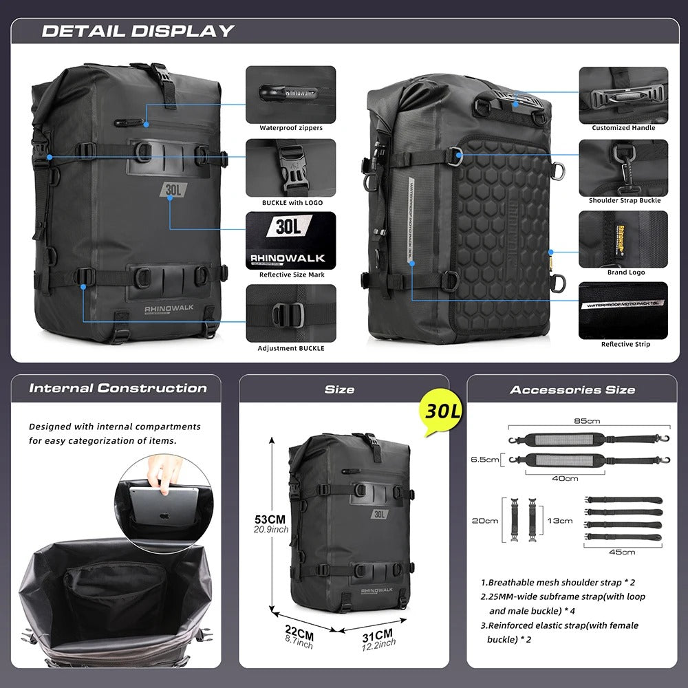 Rhinowalk DryCore Rider Series – 8L / 15L / 30L Waterproof Tail & Backpack (MULTIPLE COLOURS)